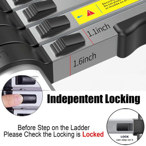 Close-up of 12.5 ft telescoping ladder's independent locking mechanisms, highlighting usage instructions and measurements.