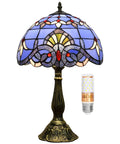 Blue Baroque Tiffany Style Stained Glass Table Lamp For Bedroom And Living Room, 12x12x18 Inch with Aluminum Base and Bulb