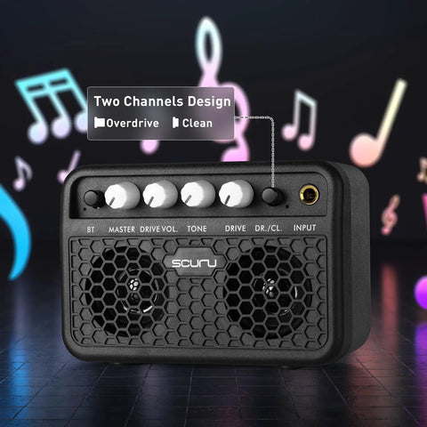 Guitar Mini Amp 5W Rechargeable Bluetooth Amplifier For Desktop Practice with dual channels and headphone jack on display.