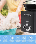 On Demand Portable Propane Tankless Water Heater 6L 1.57GPM for RVs boats and cabins with digital display in use outdoors