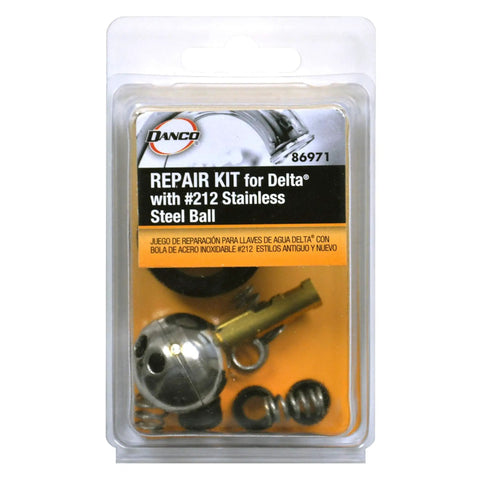 Packaging of 11 Piece Delta Faucet Repair Kit with 212 SS Ball for leak free single handle faucets, components visible in blister
