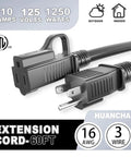 60 Foot Outdoor Extension Cord Black 16 AWG SJTW Heavy Duty 3 Prong Power Cable Waterproof And Cold Resistant Flexible