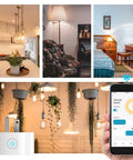 Smart Dimmer Plug For Dimmable Lamps No Hub Needed 2 4GHz WiFi Works With Alexa And Google Assistant Via Tuya Smart Life App Control 0 To 100 Percent Dimming For LED Halogen And Incandescent Bulbs shown with lamp scenes and app control on phone screen.
