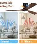 52 Inch Ceiling Fan With Lights 3 Solid Wood Fan Blade demonstrating summer and winter airflow directions in a living room.