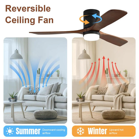 52 Inch Ceiling Fan With Lights 3 Solid Wood Fan Blade demonstrating summer and winter airflow directions in a living room.