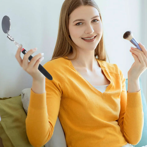 Person holding a Six Piece Telescoping Inspection Mirrors Set With 360 Degree Rotation, Flexible Circular Mirrors, Extended Handle To 29 Inches, Grab And Go For Vehicle Checks And Hard To Reach Areas