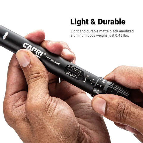 Quarter Inch Drive Mini Torque Wrench Set For Tight Spots From 30 To 140 Inch Pounds shown in hand, matte black, durable