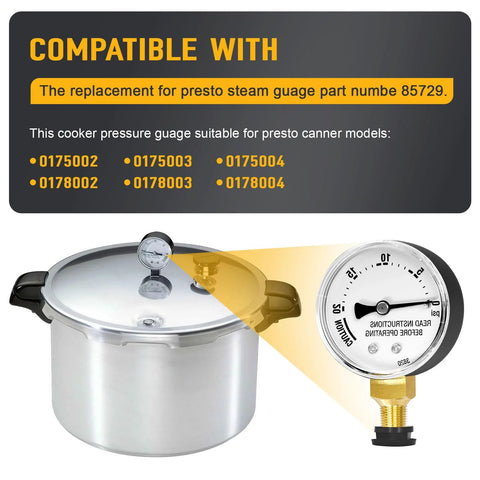 Pressure canner gauge replacement for Presto; chrome steam gauge shown, fits models 0175002-0178004