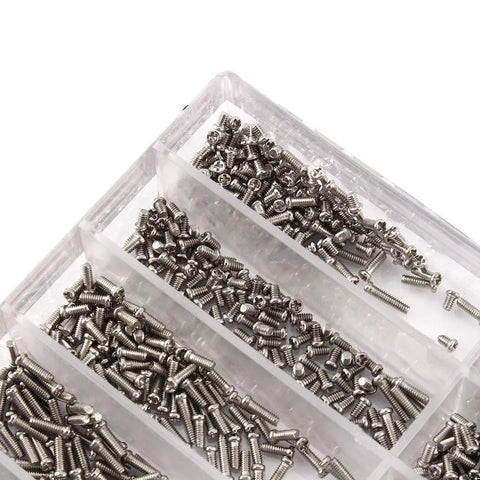 Top Shelf Stainless Steel Watch Repair Tool Kit Features One Thousand Micro Eyeglass And Clock Back Screws organized in a clear case.