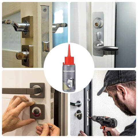 Lock Lube Graphite Powder For Keyholes And Lock Cores Keeps Doors And Drawers Moving Smoothly In The Garage Home Office Dorms RVs And Workshops A Friction Fighting Lubricant That Prevents Jams And Extends Lock Life bottle surrounded by images of lock mechanisms and installation.