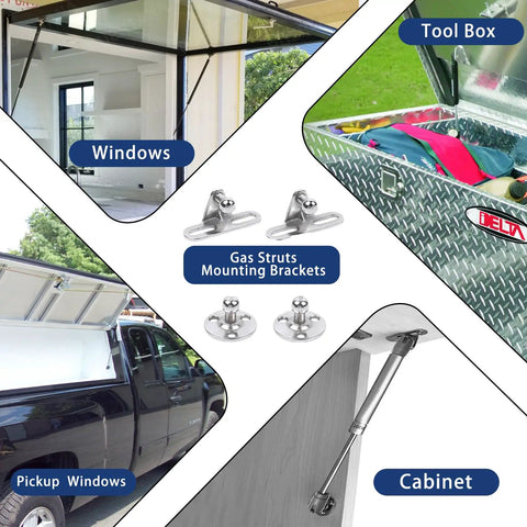 10 Inch Gas Strut Lift Support for Cabinet Lids and Toy Boxes, shown with mounting brackets and applications.