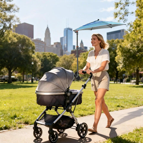 Woman using Super Lightweight Clip On Chair Parasol With Heavy Duty Universal Clamp UPF 50 Plus UV Protection on stroller in park.