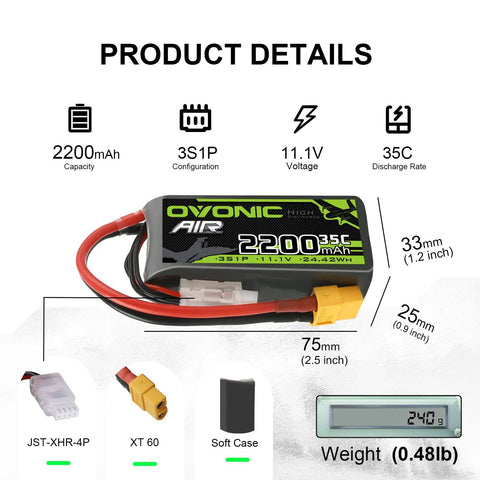 Beefy 3S 11.1V 2200mAh 35C LiPo Battery With XT60 Connector For RC Drones And Planes, Soft Case, JST-XHR-4P Charge Plug