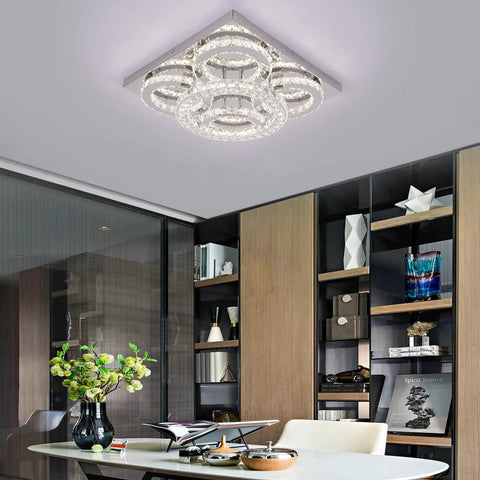 Dope Crystal LED Chandelier Lighting With Three Color Dimmable Ceiling Mount Fixture Featuring K9 Crystals Square Flush Mount
