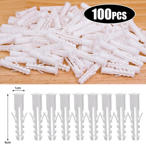 Heavy Duty White Plastic Expansion Tubes Smooth Install Drywall Anchors Rock Solid DIY Home Fasteners 100 Pack, 4x1cm size.