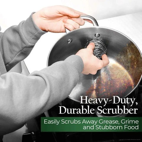 Person using Stainless Steel Scrubbers Set 2 Count, Rust Resistant Heavy Duty Scrubbers for cleaning pot on stove