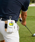 Leather Golf Ball Pouch With Belt Clip And Tee Holder Mini Waist Pocket Bag in use, featuring a two-ball capacity on golfer's waist.