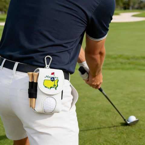 Leather Golf Ball Pouch With Belt Clip And Tee Holder Mini Waist Pocket Bag in use, featuring a two-ball capacity on golfer's waist.
