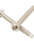 Premium Connecting Screws For Door Knobs And Lever Handles With A Sleek Satin Nickel Finish, close-up view of two screws.