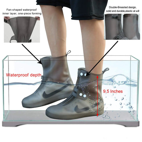 Waterproof Rain Boot Covers For Men And Women, Reusable Foldable Overshoes submersed in water, showing waterproof depth of 9.5 inches.