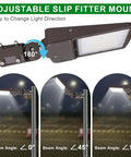 Beefed Up 300W LED Parking Lot Light With Dusk To Dawn Photocell, slip fitter mount detail, adjustable beam angle.