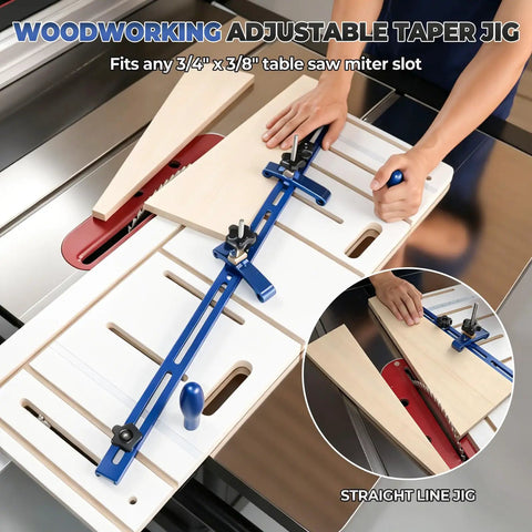 Top Tier Taper And Straight Line Jig For Table Saws With 37 Inch Miter Bar Steel Fence, adjustable blue jig on table saw.
