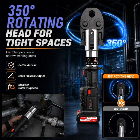 Heavy Duty 21V Electric Pipe Crimping Tool With 60KN Force And Brushless Motor, 350° rotating head for tight spaces.