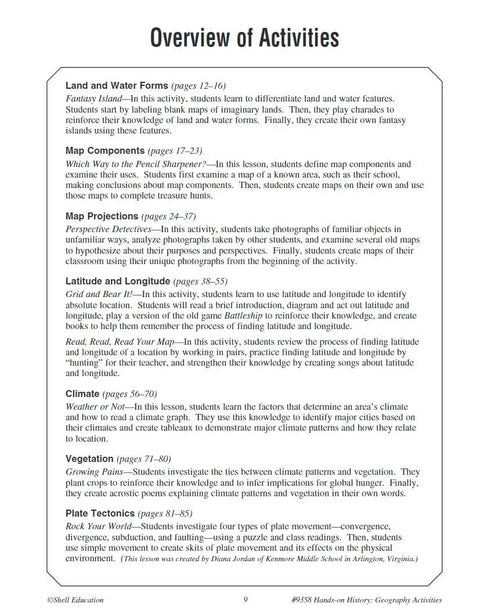 Overview of activities page from Geography Activities For Social Studies Classrooms: Fun Game Based Interactive Activities.