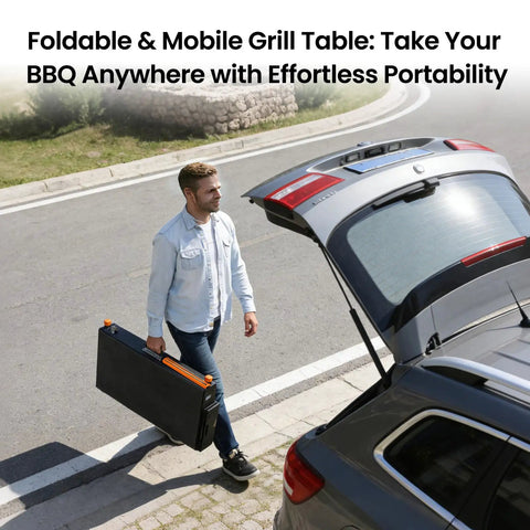 Person carrying folded Grill Table For 17 Inch And 22 Inch Griddles, Tailgate Ready Portable Grill Cart with Wheels by their car.