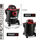 5 Gallon Wet Dry Vacuum With 2.0 Peak HP Power, Portable Shop Vacuum for Home Garage Workshop and Car shown with dimensions