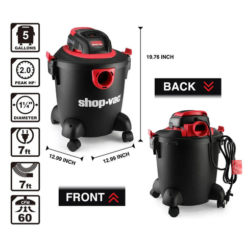 5 Gallon Wet Dry Vacuum With 2.0 Peak HP Power, Portable Shop Vacuum for Home Garage Workshop and Car shown with dimensions
