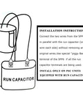 Diagram with installation instructions for Beef Up Your AC With Hard Start Capacitor Replacement Kit For Air Conditioners 115 To 288 VAC Boosts Starting Torque Up To 500 Percent, Works On 4,000 To 120,000 BTU Units (0.5 To 10 HP).