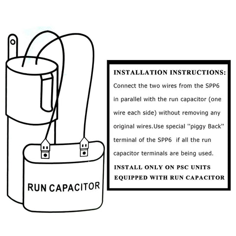 Diagram with installation instructions for Beef Up Your AC With Hard Start Capacitor Replacement Kit For Air Conditioners 115 To 288 VAC Boosts Starting Torque Up To 500 Percent, Works On 4,000 To 120,000 BTU Units (0.5 To 10 HP).