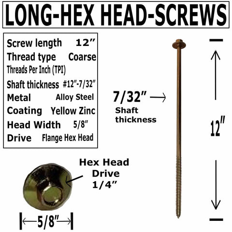 Bulletproof Extra Long Structural Lag Screws For Heavy Duty Construction And Outdoor Landscaping Projects With Yellow Zinc Coating and Easy Hex Head Flange Design For No Sweat Secure Fastening On Thick Timber Posts showing 12 inch length and flange hex head.