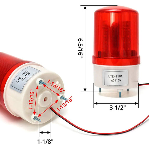 Industrial LED Rotating Strobe Warning Light 110V AC Red Emergency Tower Lamp dimensions and connection details
