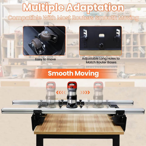 47.2 Inch Router Sled For Flattening Slabs, 3 Axis Adjustable on workshop table, smooth moving mechanism visible