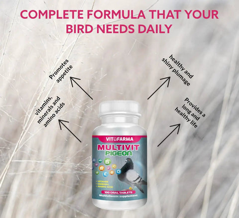 Complete Multivitamin for Pigeons 100 tablet supplement bottle with vitamins minerals and amino acids for bird wellness