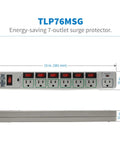 7 Outlet Surge Protector Power Strip With 6 Individually Controlled Switches, 6 Foot Cord, Lifetime Limited Warranty And $25,000 Insurance, Keep Your Gear Safe For PC, Laptop, Printer, Router, TV And Other Home Office Gear. front and side view, 15 in x 2.24 in