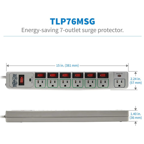 7 Outlet Surge Protector Power Strip With 6 Individually Controlled Switches, 6 Foot Cord, Lifetime Limited Warranty And $25,000 Insurance, Keep Your Gear Safe For PC, Laptop, Printer, Router, TV And Other Home Office Gear. front and side view, 15 in x 2.24 in