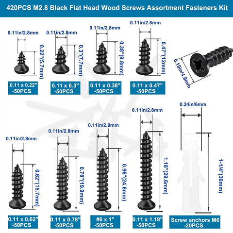 Diagram showing 420 Pc Wood Screw Kit Assortment M3 And M2.8 Self-Tapping Phillips Flat Head Screws With Black Finish And 20 Pc M6 Anchors