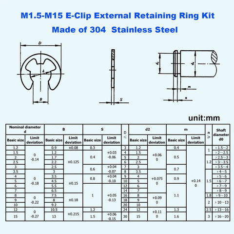 Stainless Steel External Retaining Ring E Clip Assortment Kit, 14 Sizes, 350 Pieces, with size chart and diagrams.