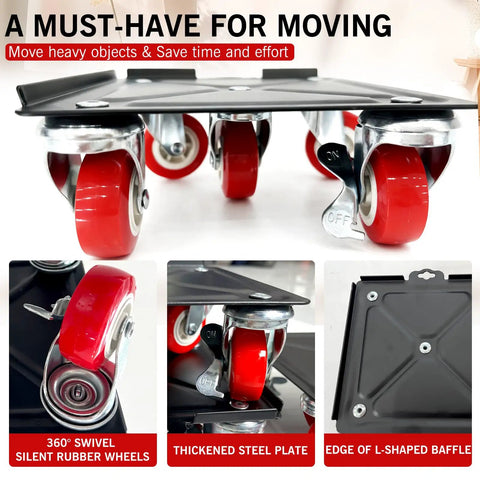 Heavy Duty Furniture Dollies Set With 360 Degree Swivel Casters And Smooth Rolling Wheels close-up of swivel wheels and steel plate.