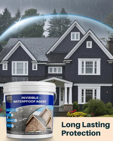Ultra Clear 281oz Invisible Waterproof Coating Sealant For Roofs And Walls Indoor Outdoor Waterproof Membrane That Stops Leaks In Kitchen Bathroom Garden And More Goes On Smooth And Stays Clear shown in front of a house in rain.