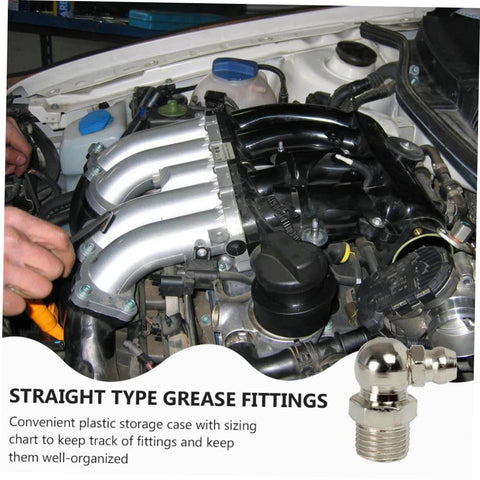 Grease Fitting Kit With Straight Nozzles Nickel Coated Zerk Fittings Assortment installed on engine bearings