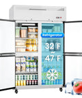 Heavy Duty Four Door Commercial Refrigerator With Stainless Steel Reach In Build And Fast Fan Cooling Delivers Thirty Six Cubic Feet Of legit cold storage with open doors displaying beverages.