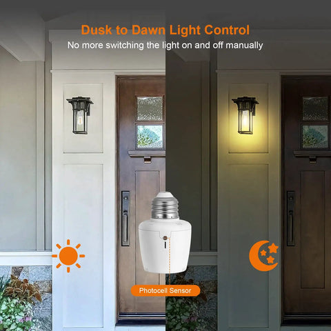 Outdoor Dusk To Dawn Light Socket Adapter With Photocell Sensor controlling home porch lighting from day to night