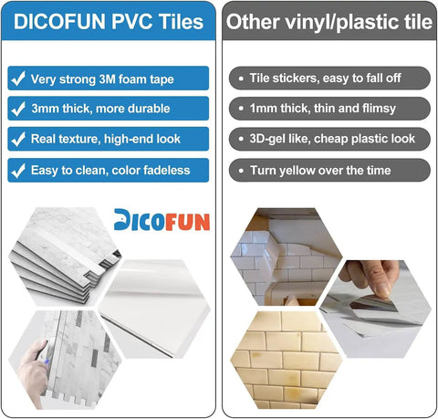 Comparison of 10 Sheet Peel And Stick Backsplash Tile With Faux White Marble Look in PVC vs other vinyl tiles