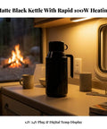 Portable Stainless Steel 12V 24V Car Kettle With Heat Preservation Dual Wattage Settings For Keeping Your Brew Piping Hot On Backroads in matte black with a digital temp display.