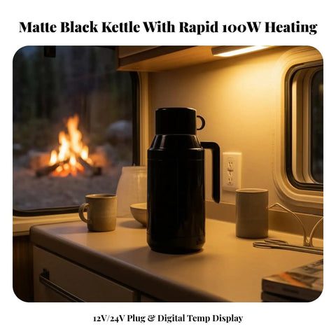 Portable Stainless Steel 12V 24V Car Kettle With Heat Preservation Dual Wattage Settings For Keeping Your Brew Piping Hot On Backroads in matte black with a digital temp display.