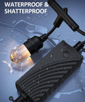Smart Outdoor String Lights 32ft RGBW Patio LED with 12 Shatterproof Bulbs, close-up of water-resistant bulb and control box.